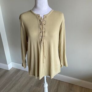 Tan Lace Up Ribbed Long Sleeved Shirt Boho Western Coastal Cowgirl Women's XL
